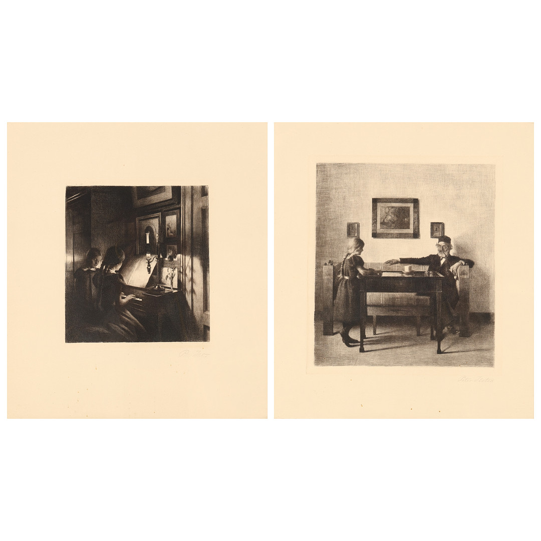 PETER ILSTED (1861-1933). Et par raderinger, “Hos Bedstefar” & “Aften. To piger ved klaveret", signeret, Danmark, 1900-tallets begyndelse, (2).