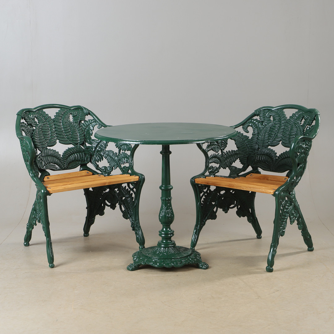 TRÄDGÅRDSGRUPP, 3 delar, "Ormbunke", Melins Metallgjuteri, Anderstorp, 1900-tal.