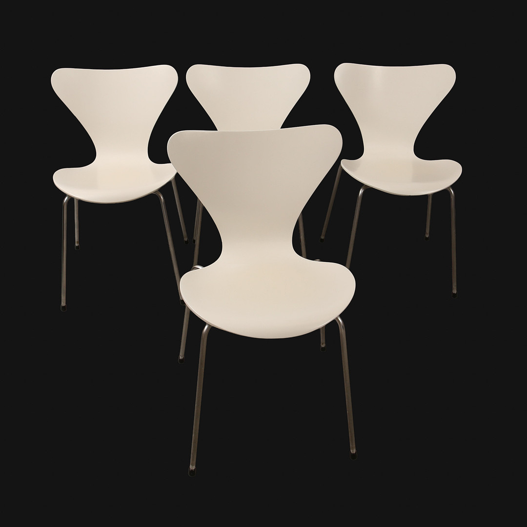 ARNE JACOBSEN. "Sjuan", stolar, 4 st., Fritz Hansen, Danmark , vitlackerade sitsar, förkromat stål. 1970- tal.