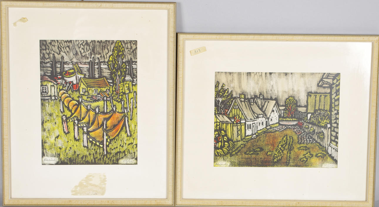 VYTAUTAS KASIULIS. Stadsbild samt fiskeby, färglitografier.