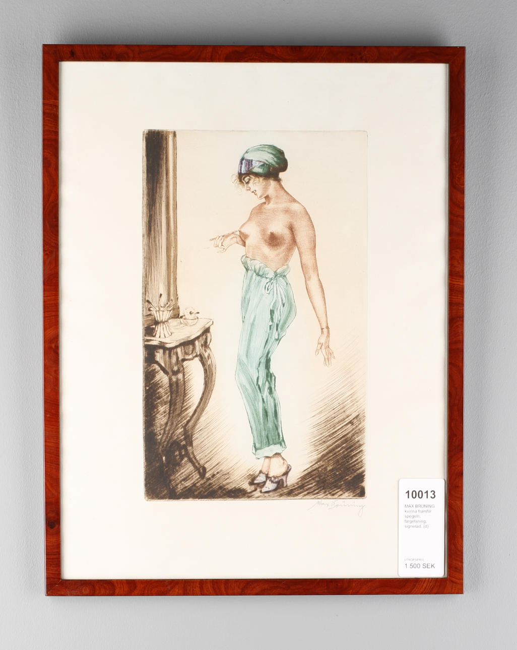 MAX BRÜNING. kvinna framför spegeln, färgetsning, signerad.
