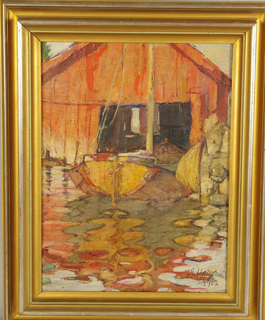 AXEL LEONARD (ACKE) HALLGREN. Båthus, olja på duk.