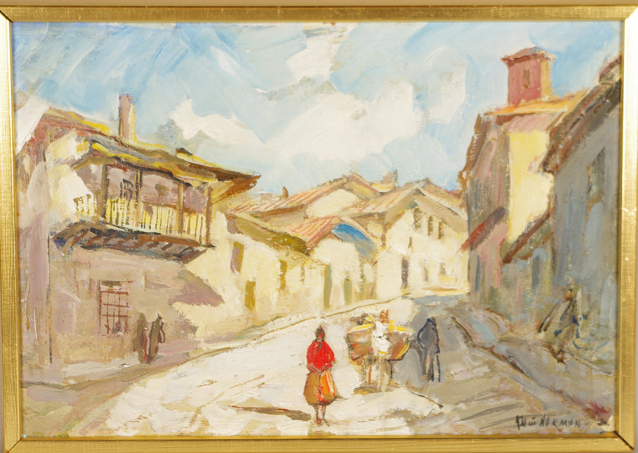 KNUT NORMAN. Bygata med kvinnor och åsnor, olja på pannå.