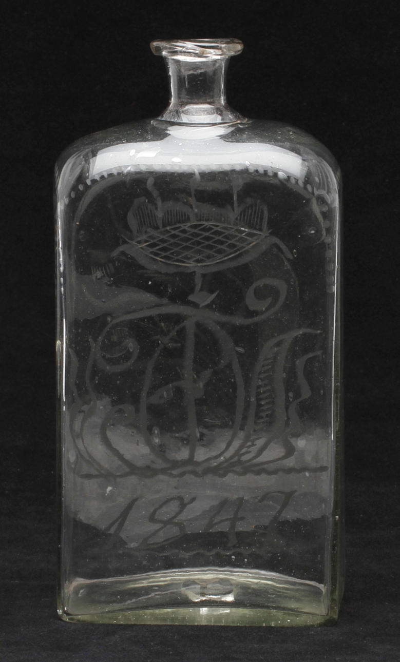 BRÄNNVINSFLASKA, glas, sannolikt Cedersbergs glasbruk, daterad 1847.
