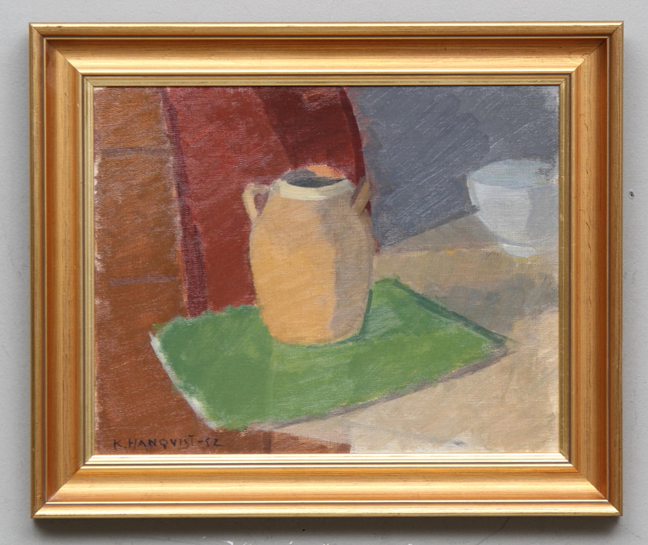 KNUT HANQVIST. Stilleben med lerkruka. Olja på duk, uppklistrad på pannå. Signerad K.Hanqvist och daterad -52.