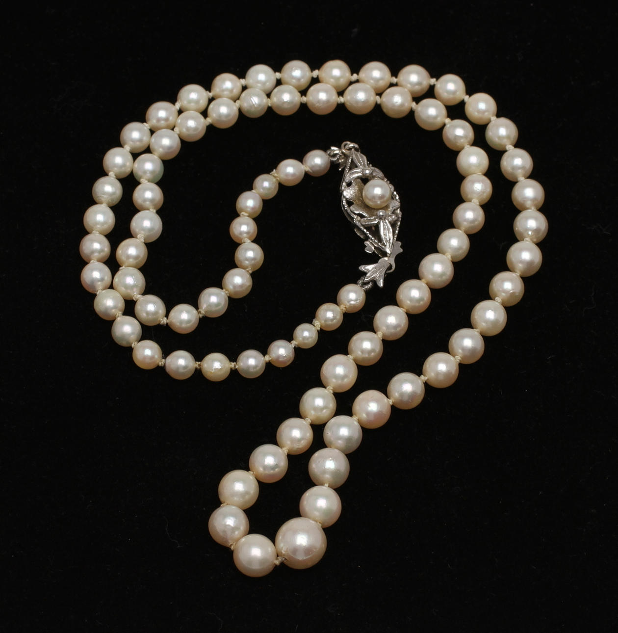 COLLIER, doserade pärlor, lås i 18k vitguld.