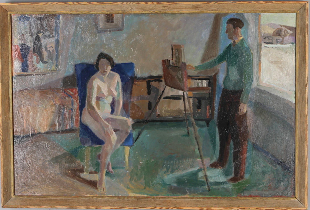 GERRY ECKHARDT. TILLSKRIVEN. I Ateljén, olja på pannå, otydligt signerad.