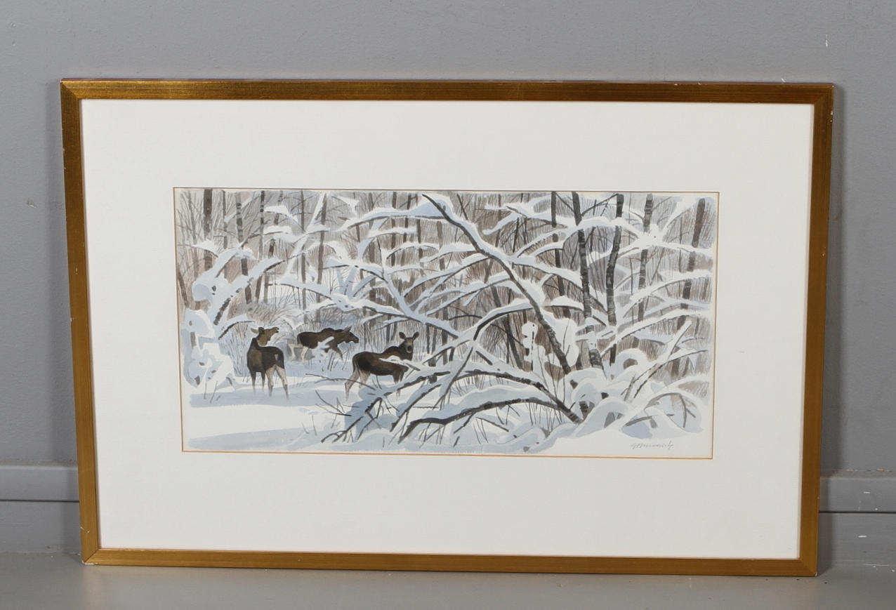 GUNNAR BRUSEWITZ. Älgar i vinterlandskap, akvarell, signerad.