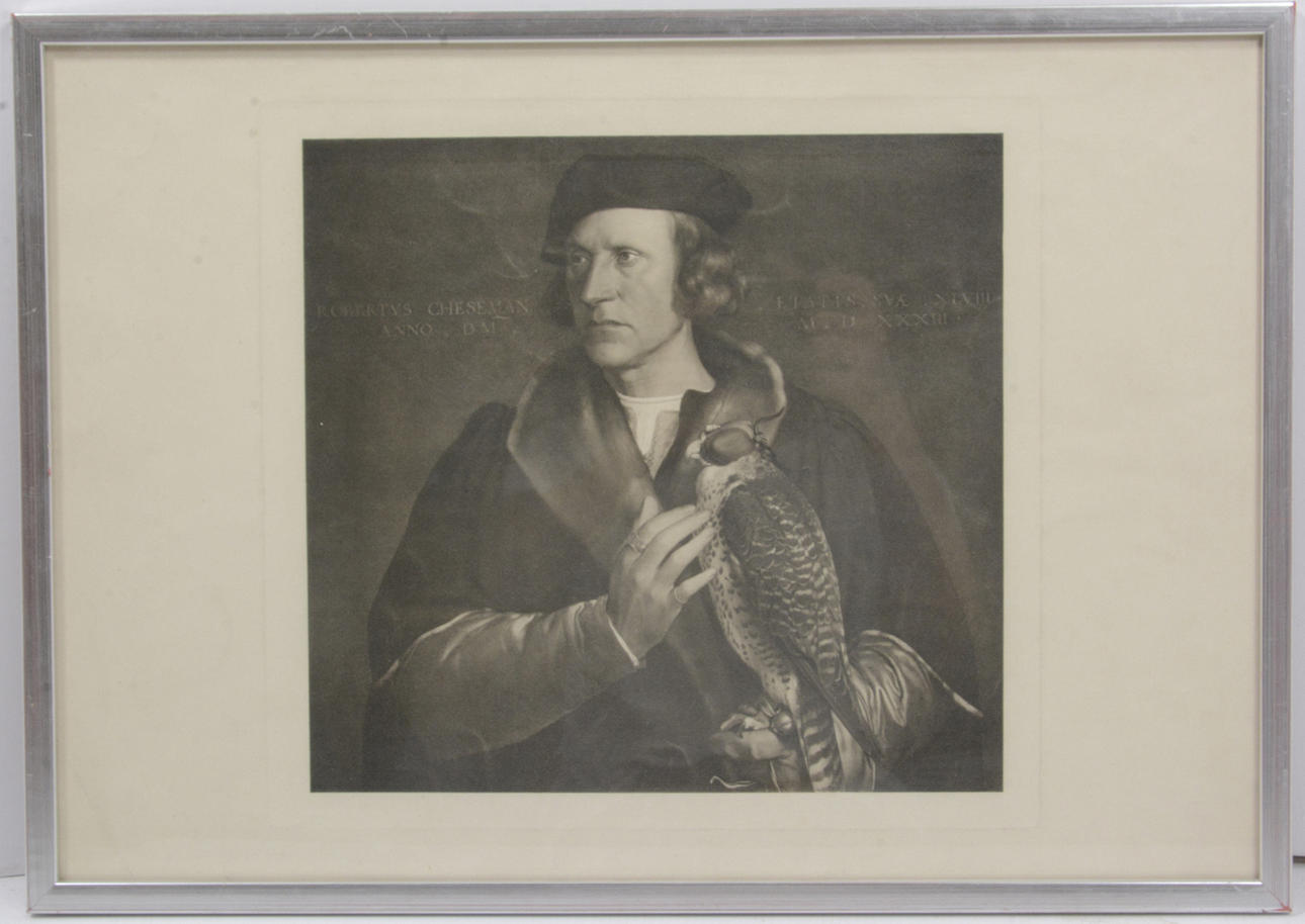 Robertus Cheseman, peregrine falcon. Copper engraving after Holbein.