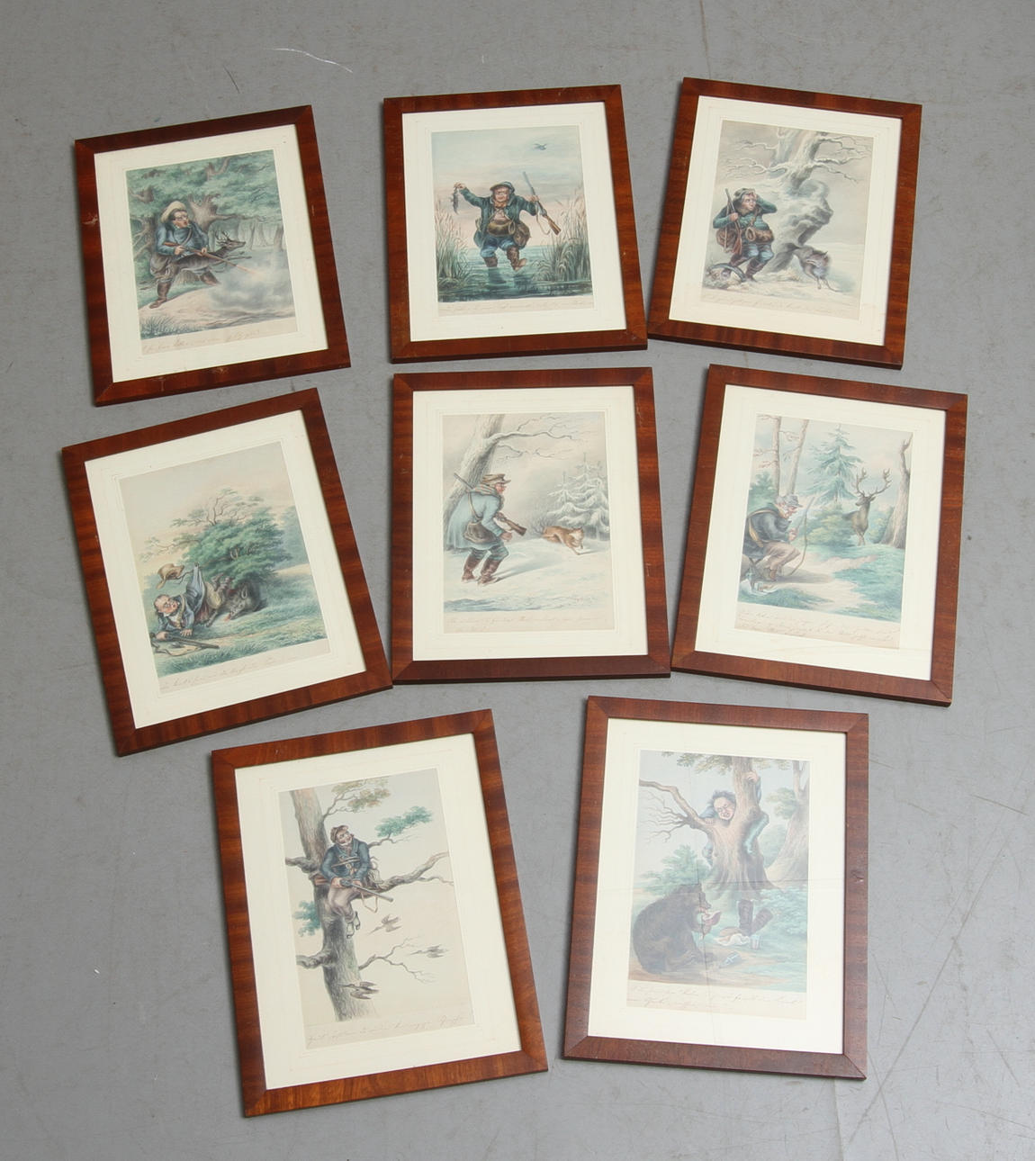 OKÄND KONSTNÄR. 8 st akvareller, karikatyriska motiv med tysk text, osignerade, 1800-tal.