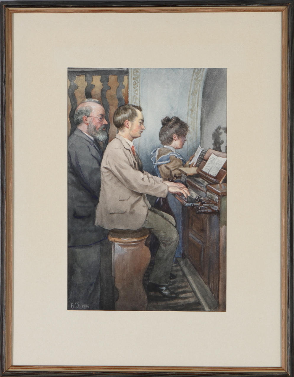 ROBERT HUGO JÄCKEL. Orgelspelare, akvarell, monogramsignerad HJ samt daterad 1900.