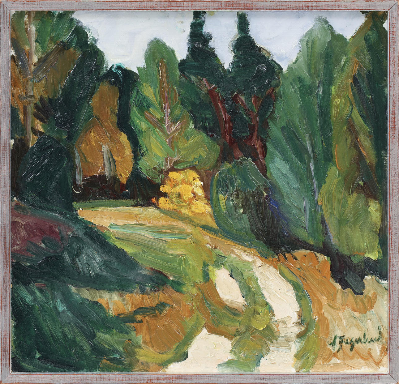 ASTA FAGERLUND. "The forest road", oil on canvas, signed and dated -81.