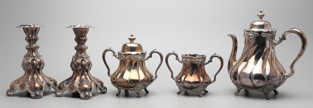 NYSILVER, 5 delar, viktoriansk stil, bla Adelphi Silver Co, 1900-tal.