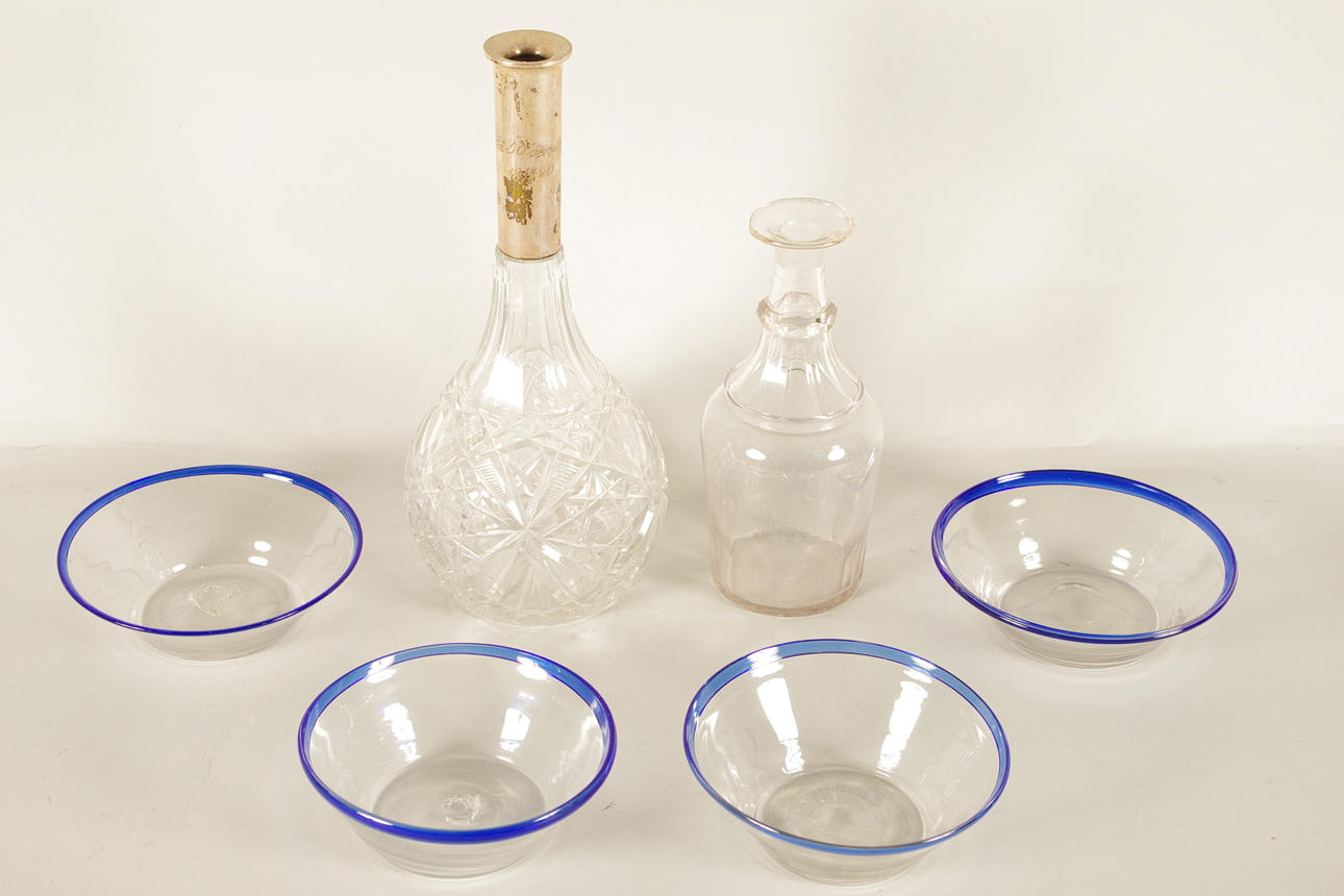 KARAFFER SAMT FILBUNKESKÅLAR, 6 delar, glas/kristall.