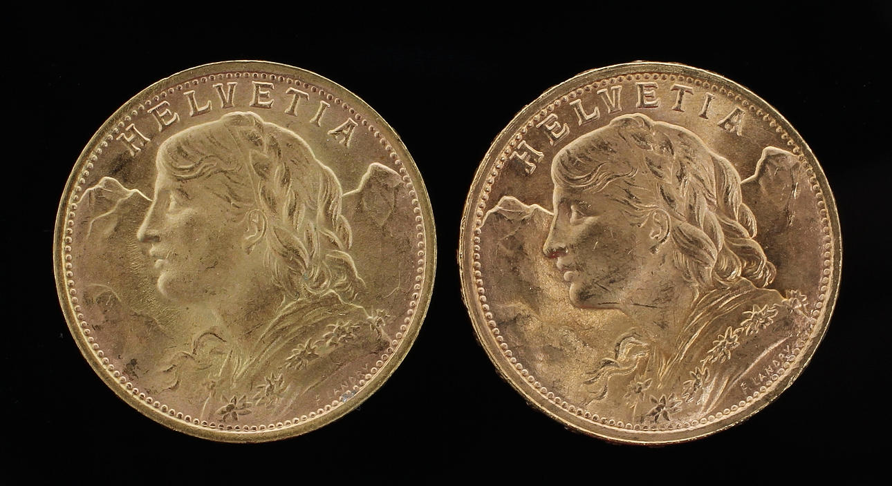 GULDMYNT, 2 st, 20 Francs, Schweiz, 1935 och 1949.