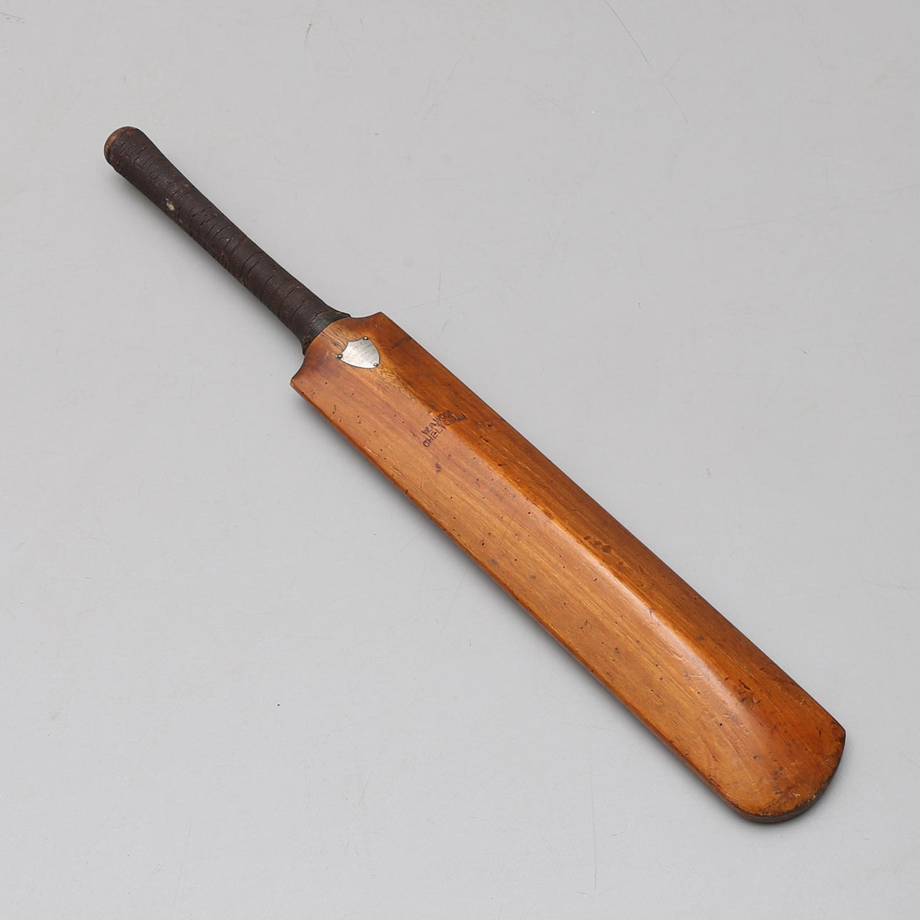 CRICKET BAT, with silver plate engraved.
