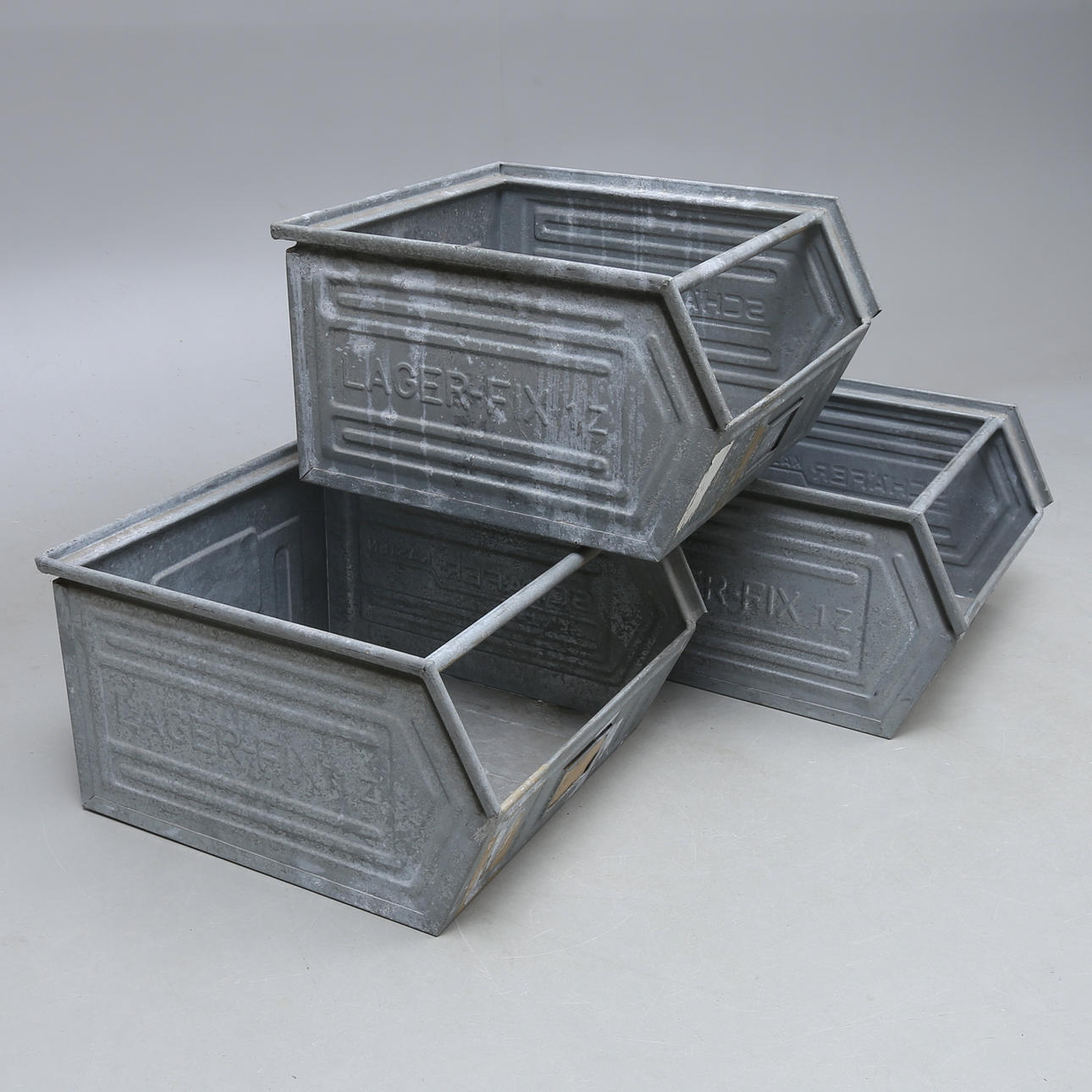 STORAGE BOXES, 3 pcs, zinc, "Schäfer Kästen", 1900s.