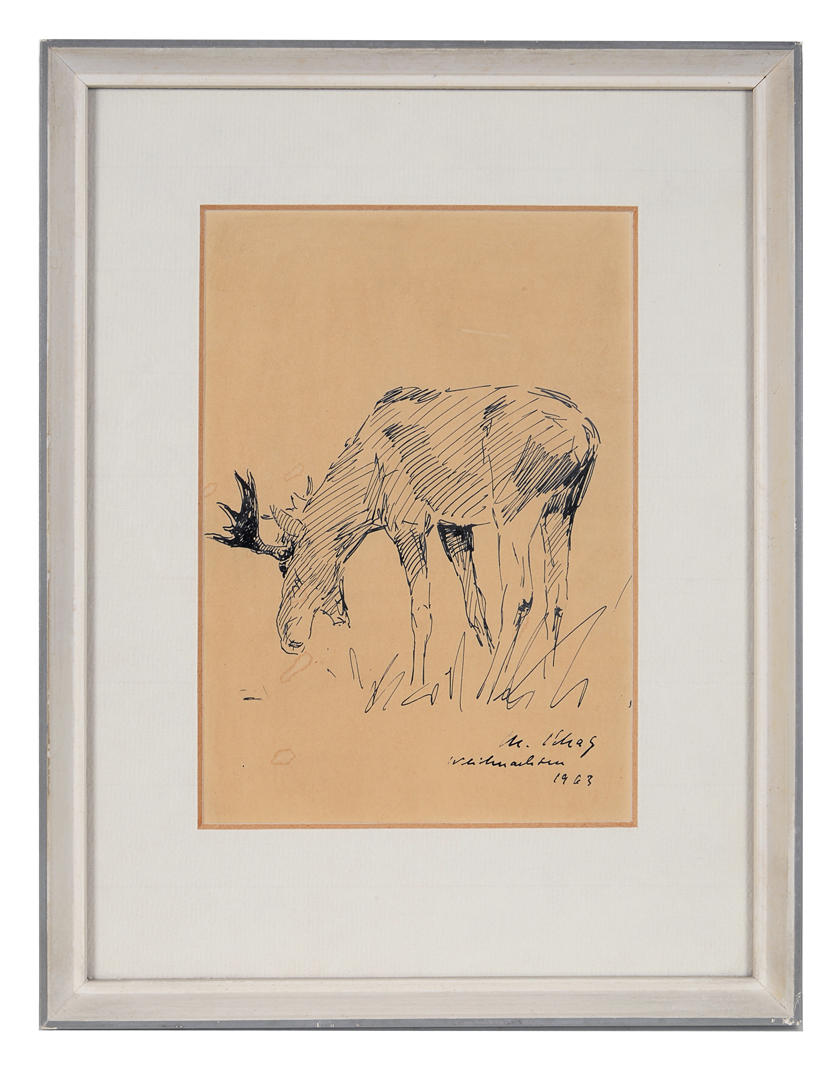 MANFRED SCHATZ. "Græssende Elg". Tegning, 1963.