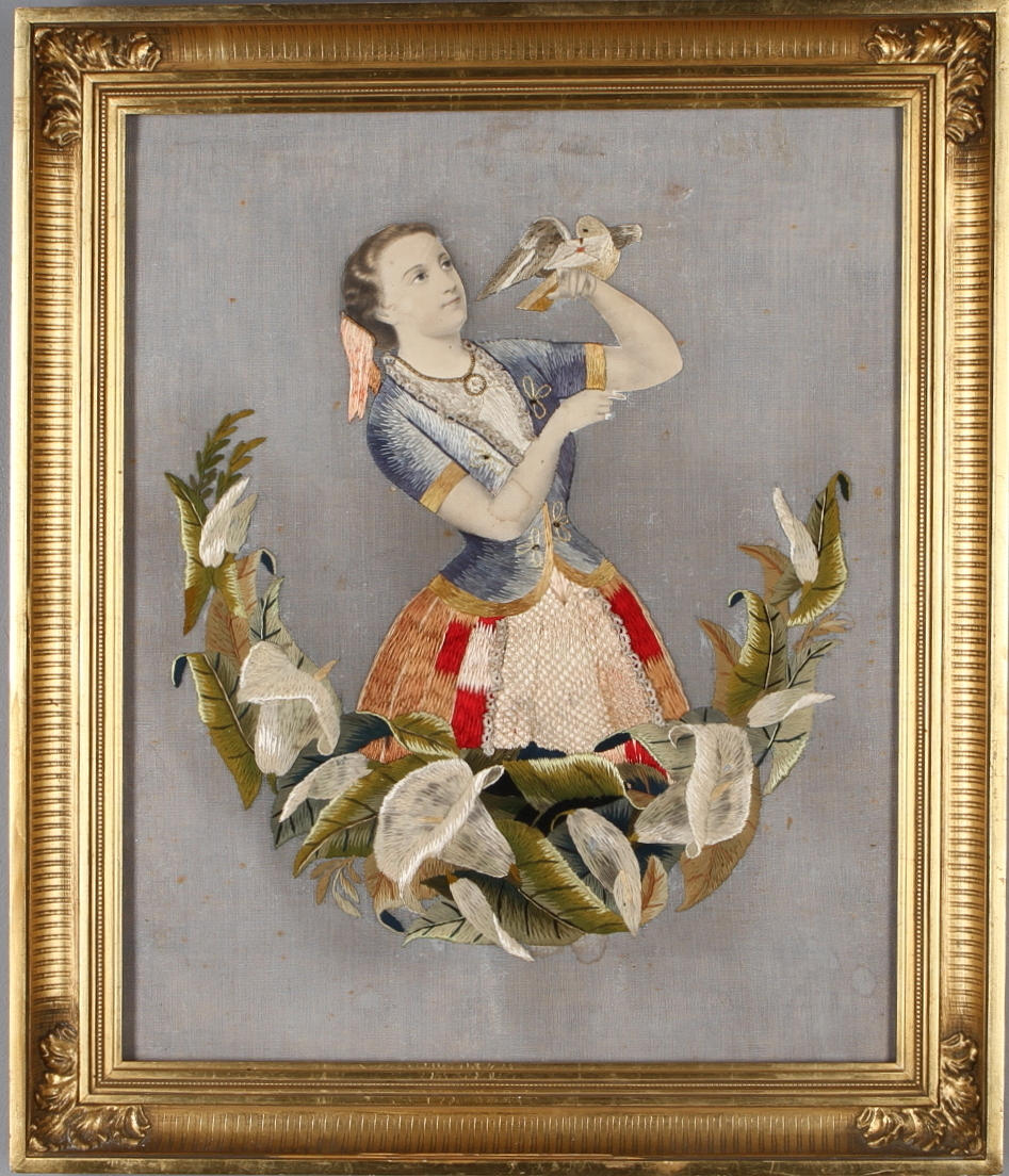 TAVLA, broderad, flicka med fågel, 1800-talets slut.