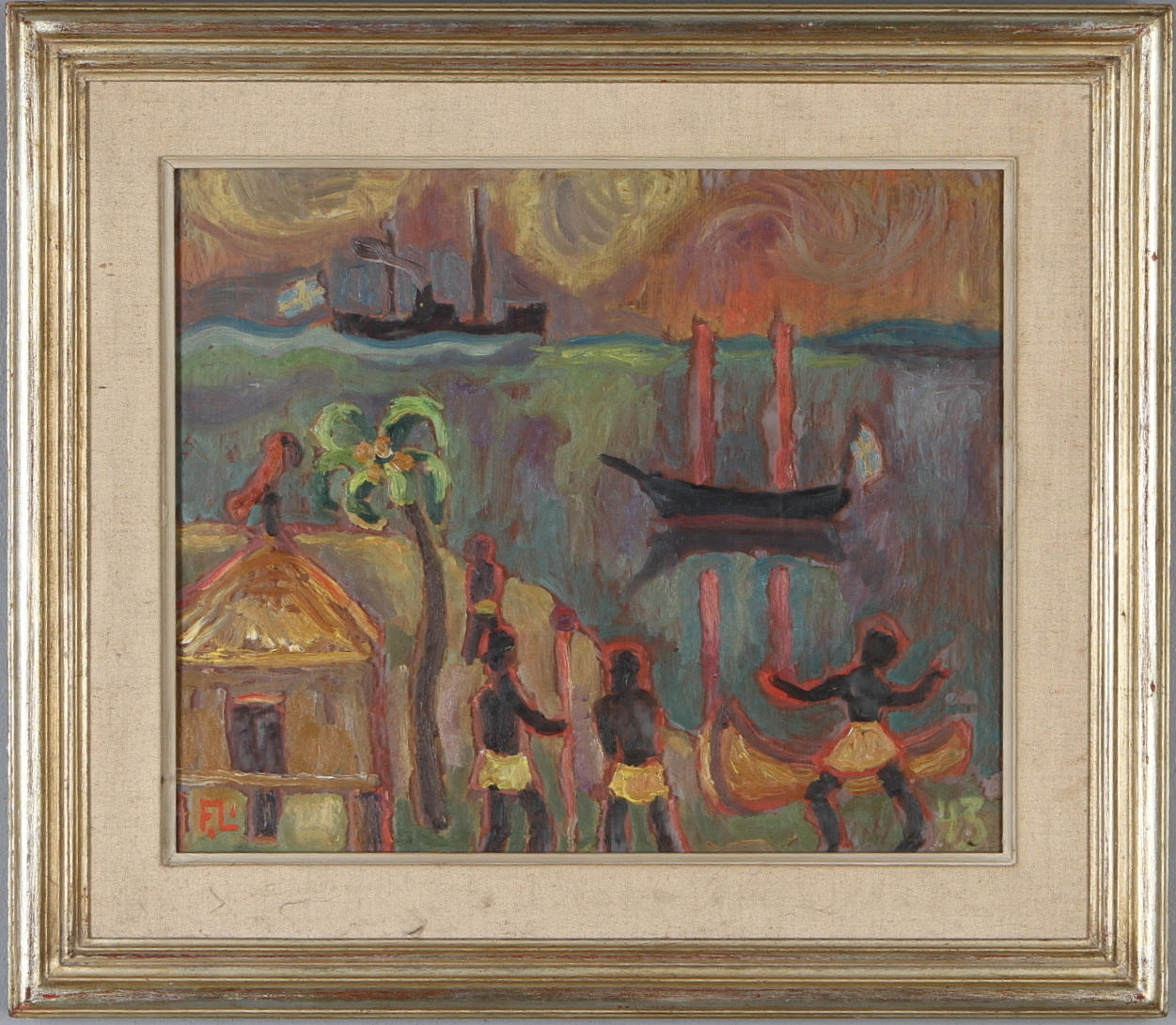 FRANS LARSSON. Kustmotiv med figurer, blandteknik, monogramsignerad och daterad -43.