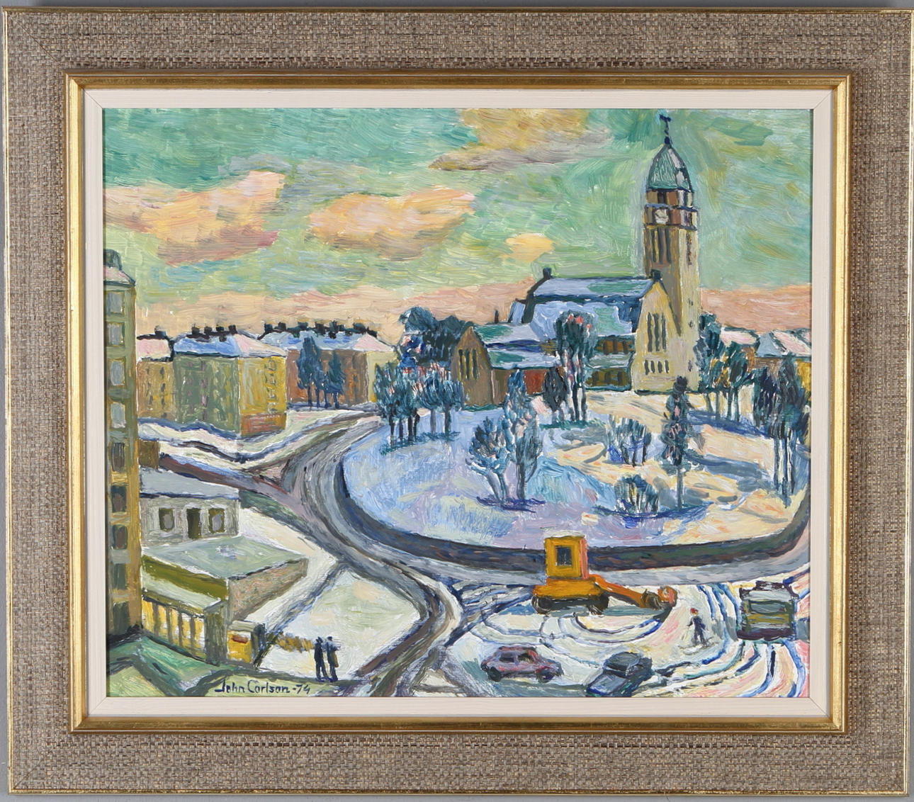 JOHN CARLSON. Sundbybergs Kyrka, olja på pannå, signerad samt daterad -74.