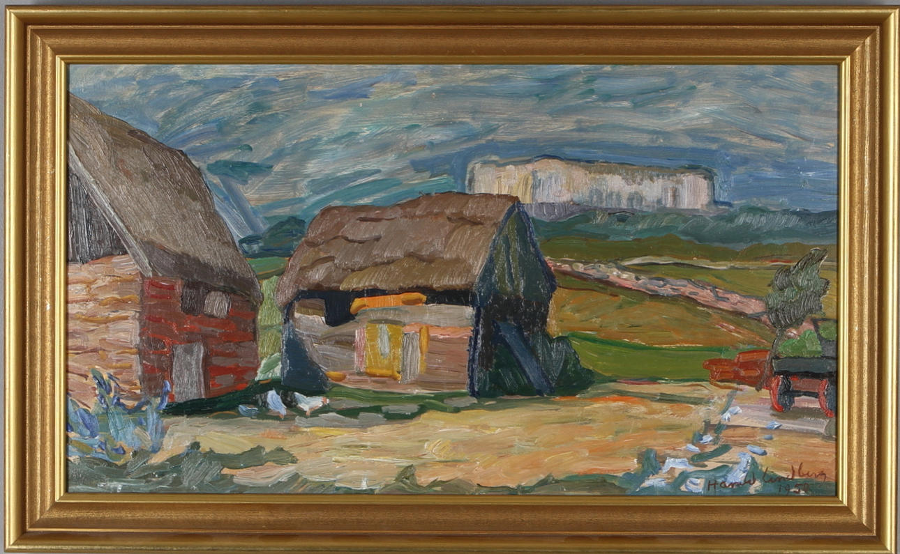 HARALD LINDBERG. Motiv från Öland med Borgholms slott, olja på pannå, signerad samt daterad 1950.