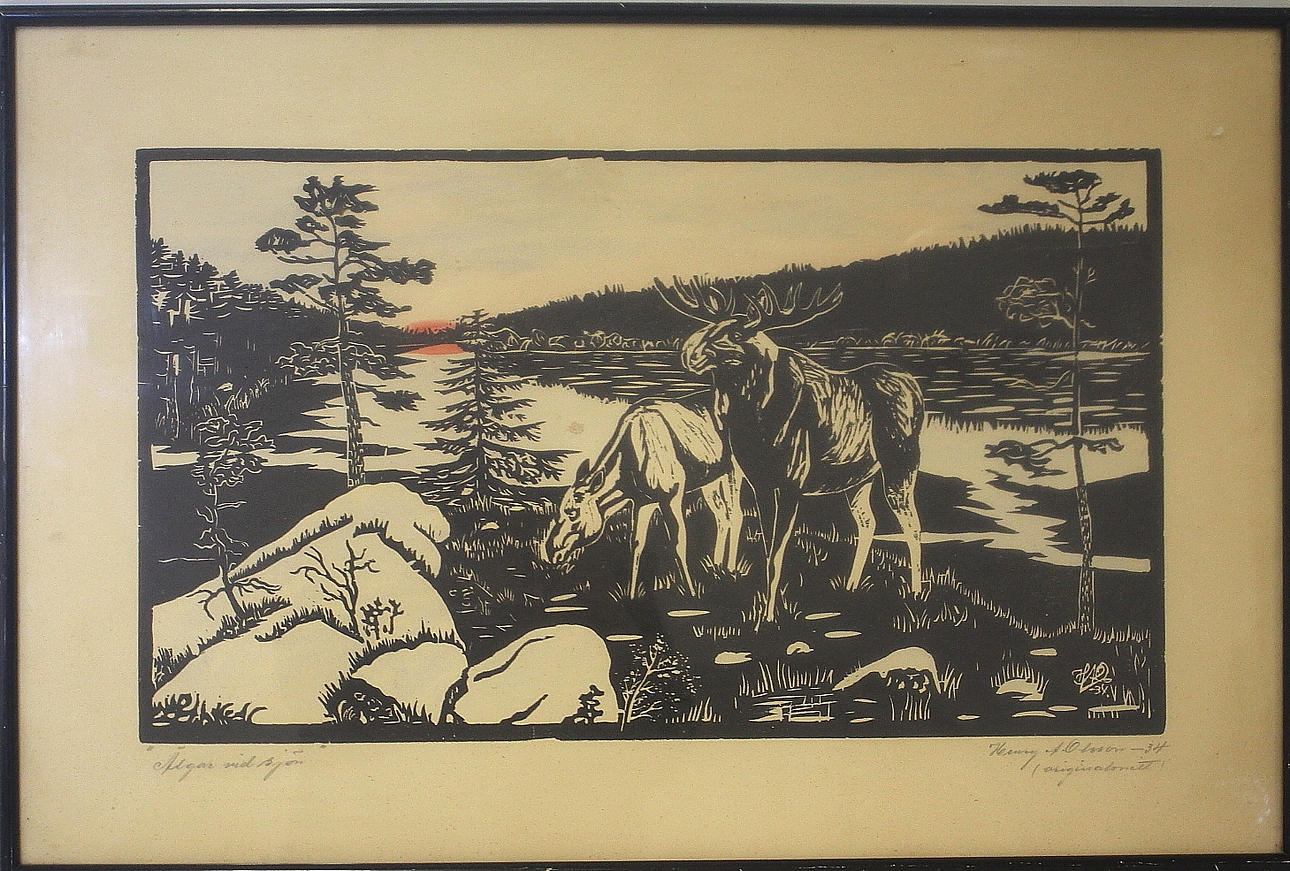 HENRY A OLSSON. original cut "Elks by the lake" signed, dated -34.
