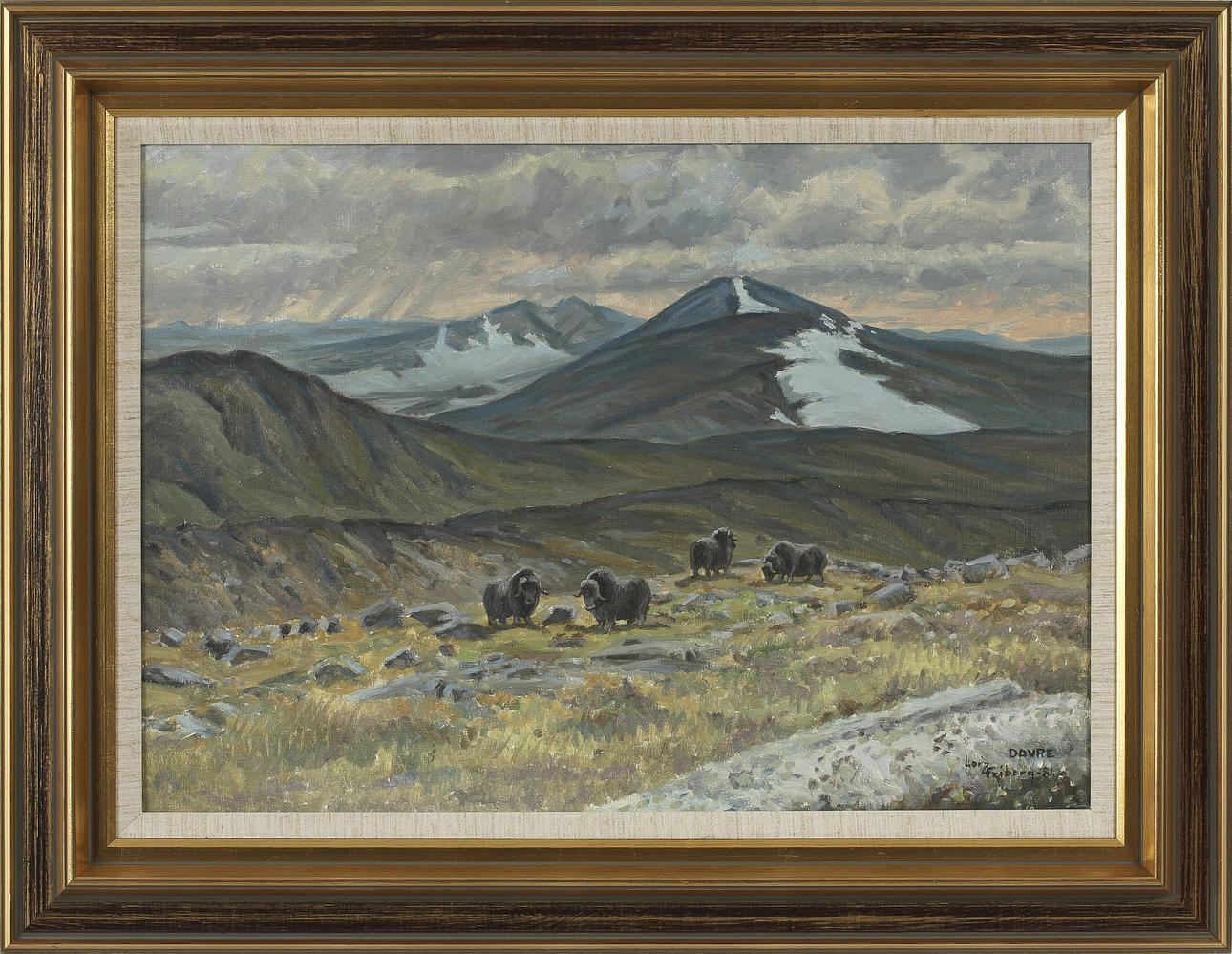 LARS FRIBERG. "Myskoxar vid snöhättan - Dovre" Olja på duk, signerad och daterad 81.