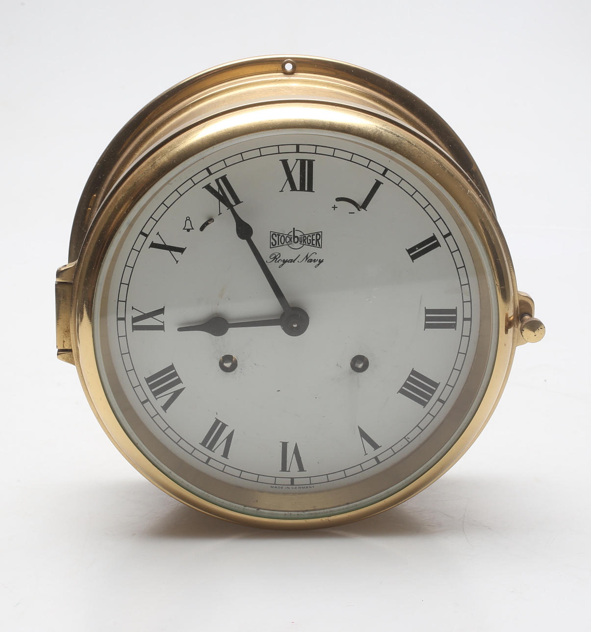 SHIP'S CLOCK, brass, Stockburger, Royal Navy.
