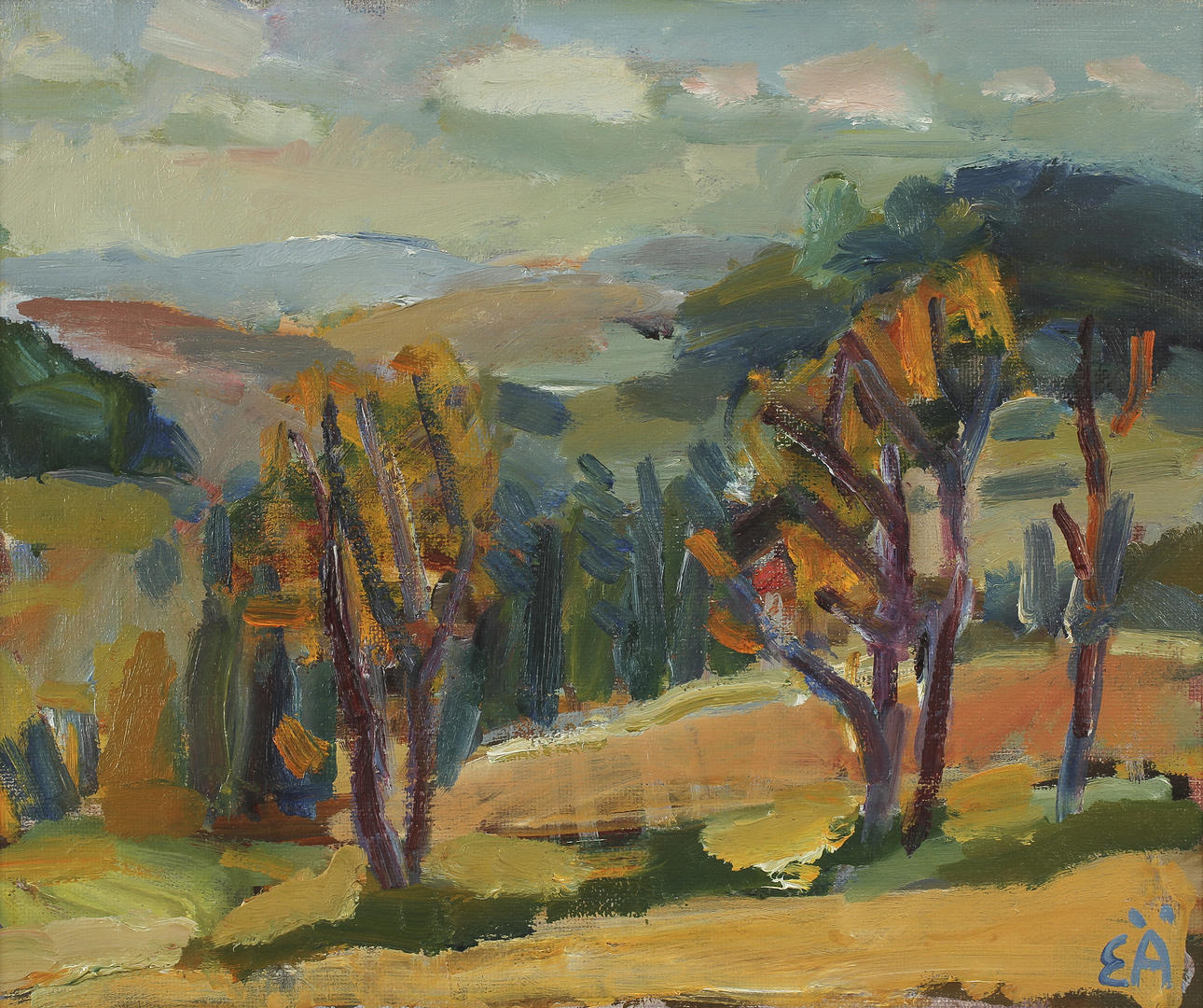 ERLING ÄRLINGSSON. "Oktober på Skogbygda" Olja på pannå. Signerad EÄ. Daterad 1967a tergo. Sälsjön.