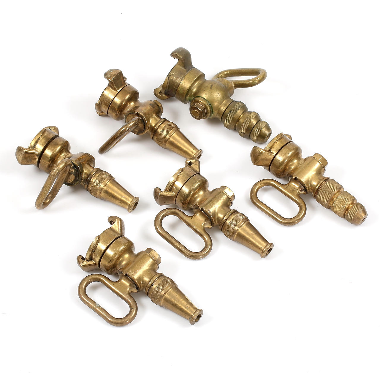 MUNSTYCKEN för BRANDSLANG, 6 st, mässing, 1900-tal.