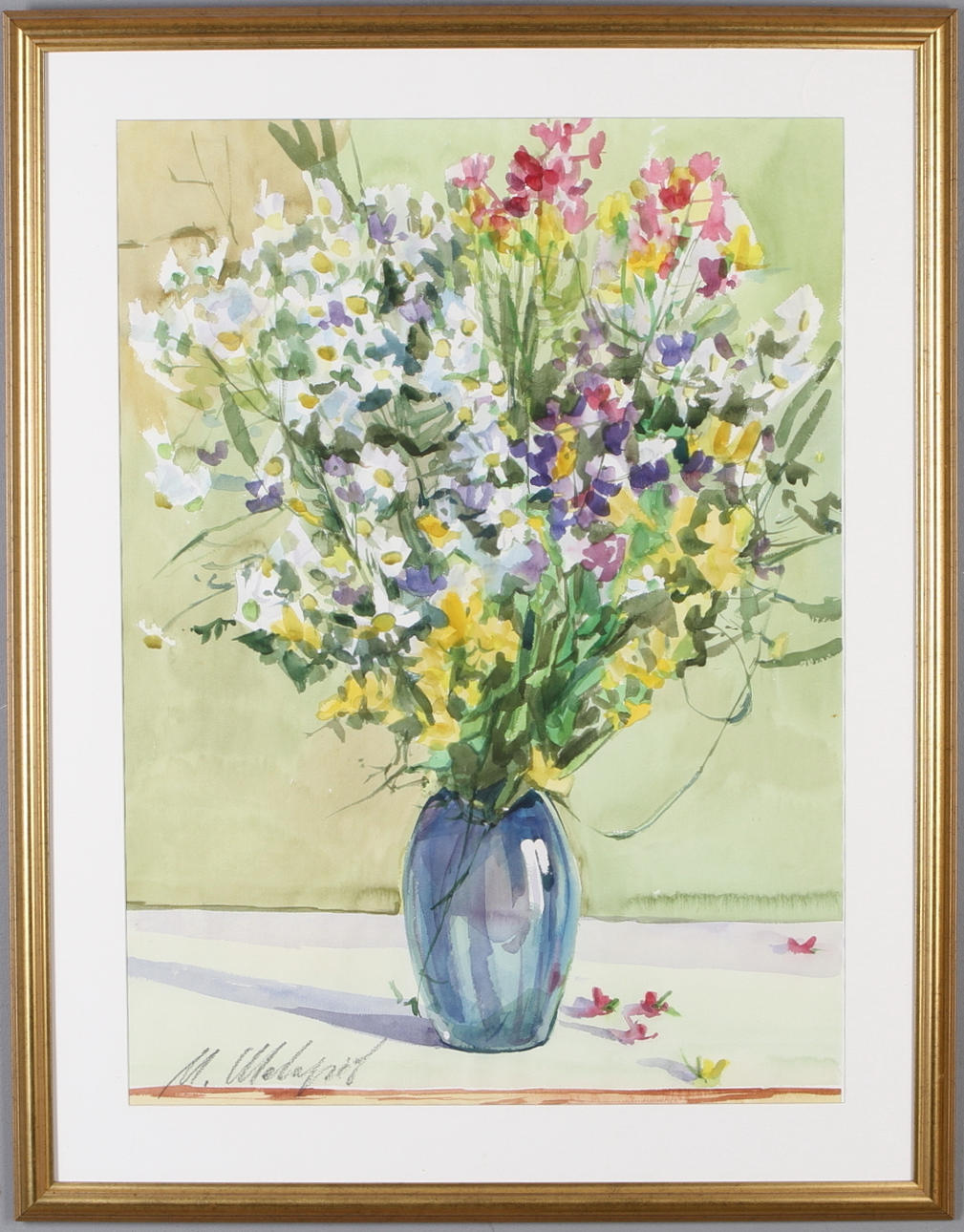 MICHAEL SHEVARJOV. Blomsterstilleben, akvarell, signerad.