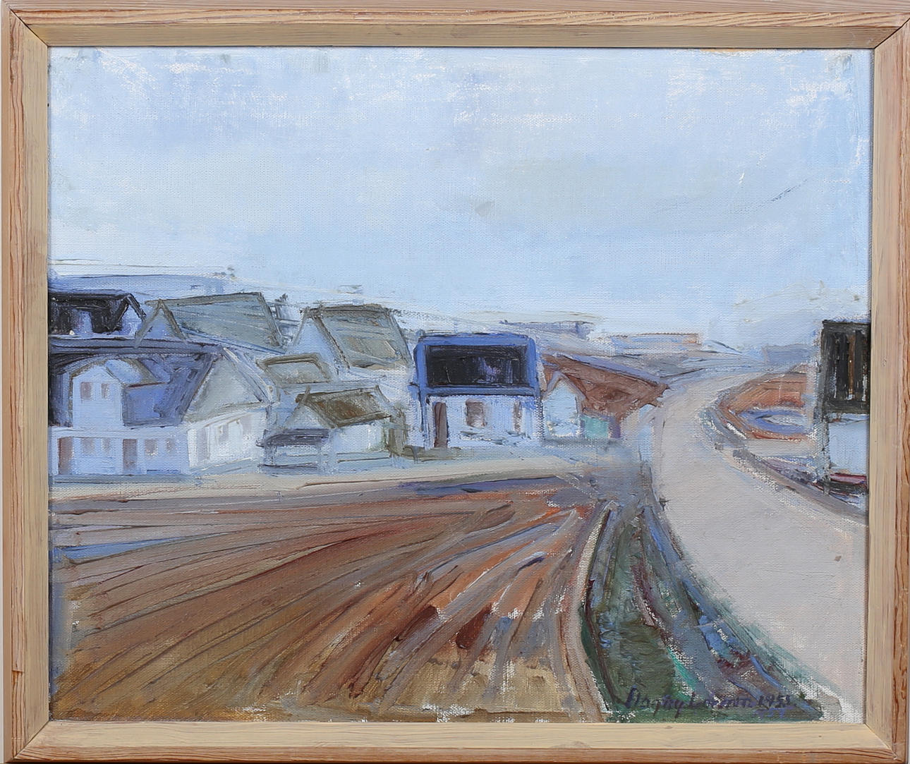 DAGNY LARSSON. "Äldre bebyggelse". Olja på duk. Signerad och daterad 1953.