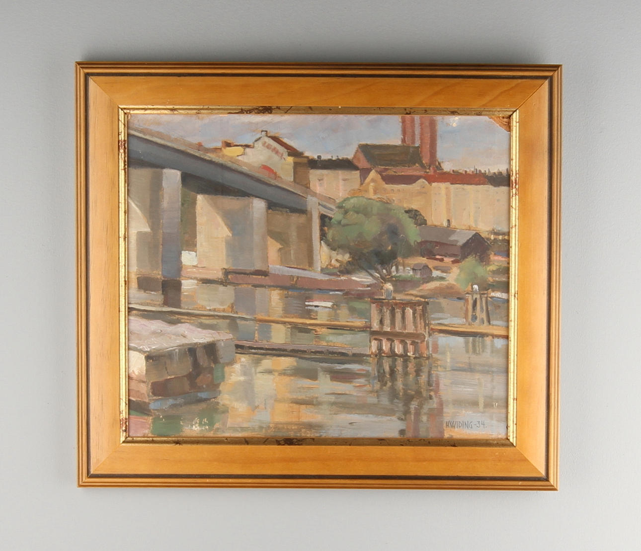 HARALD WIDING. Oljemålning på pannå, "Liljeholmsbron", signerad och daterad -34.