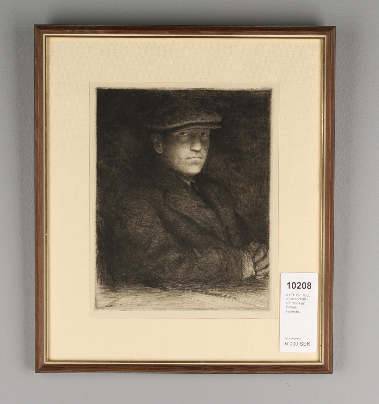 AXEL FRIDELL. "Självporträtt i sportmössa", torrnål, signerad.