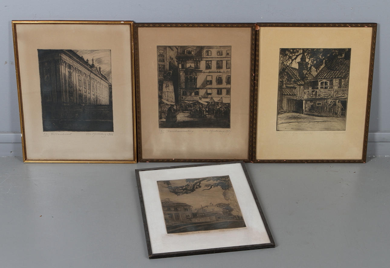 OLLE HJORTZBERG. Stockholmsmotiv, 4 st, etsningar, signerade, daterade samt numrerade.