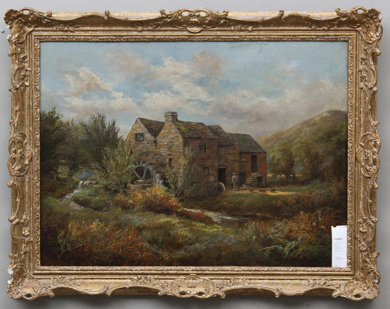 C.J RIDE. Olja på duk, Old water mill in Dovedale, monogramsignerad CJR, England, 1800 tal.