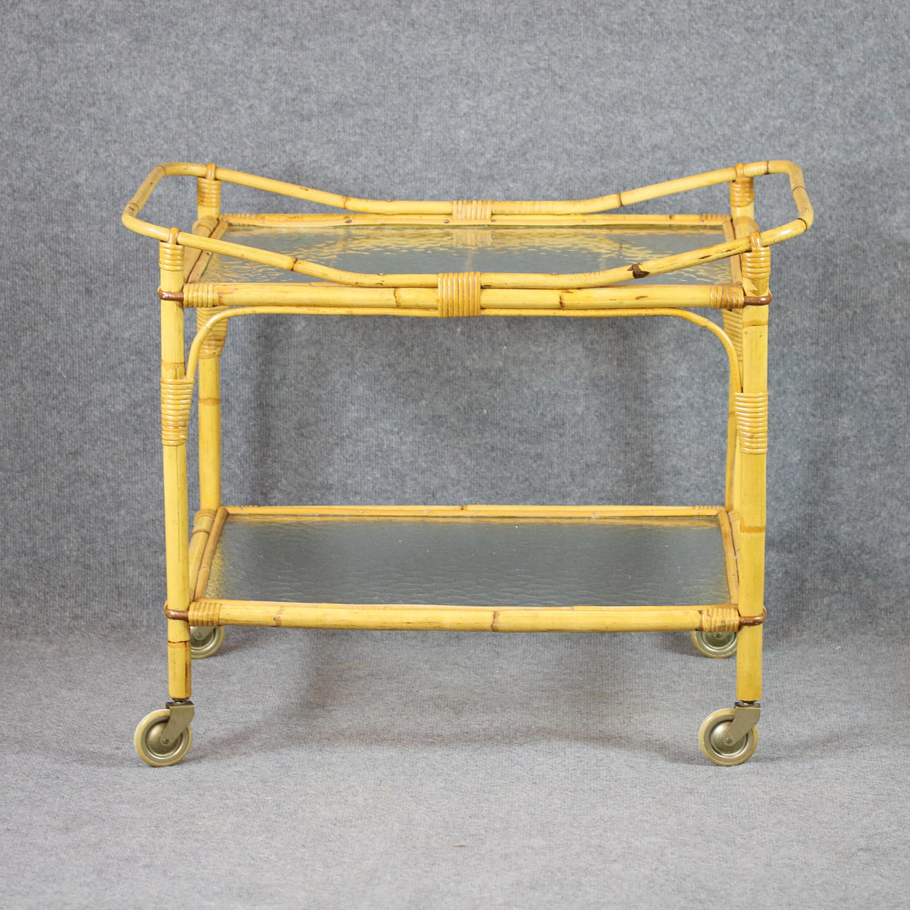 SERVERINGSVOGN, bambus og glas, retro, 1950'erne.