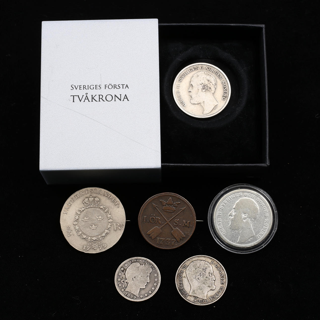 MYNT, silver med mera, bla 2 kronor 1876.