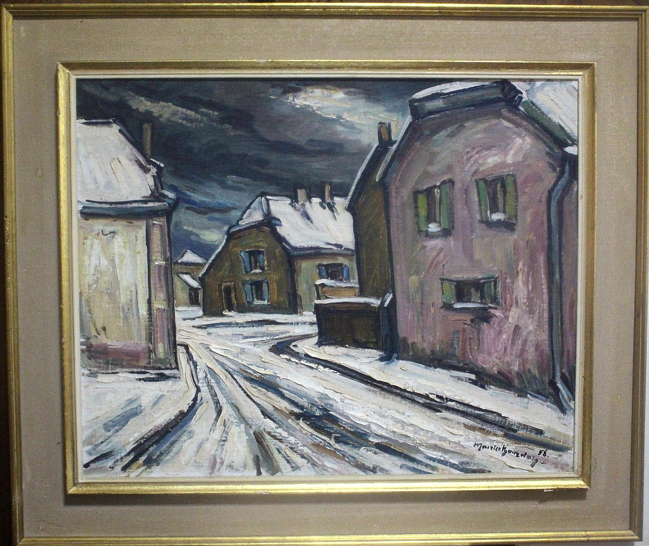 MAURICE BOURDON. oil on Board, "winter in Florenville" signed, dated 58.