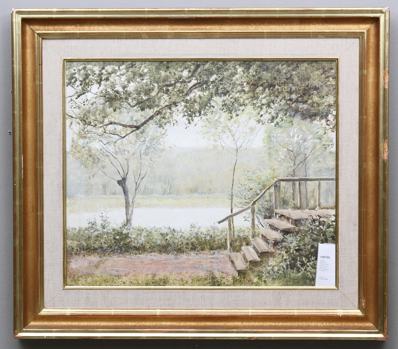 ROBERT HÖGFELDT. Motiv med träd, trappa och sjö. Gouache på pannå. Signerad R.Högfeldt.