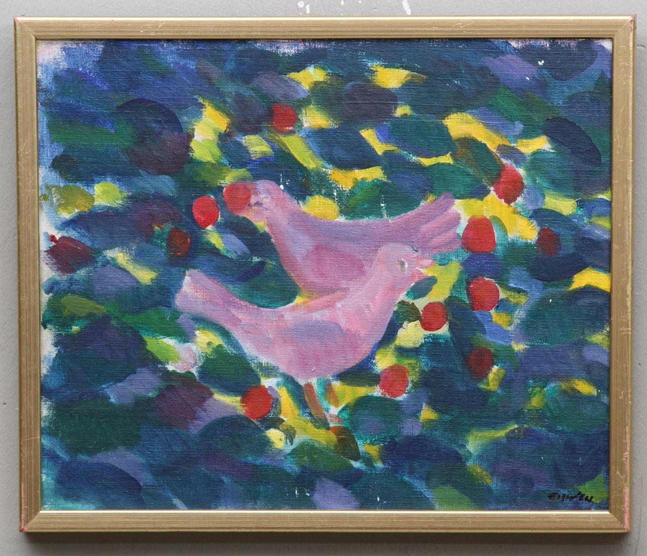 ERIC ELFWÈN. "Körsbärstjuvarna". Olja på duk uppklistrad på pannå. Signerad Elfwen.