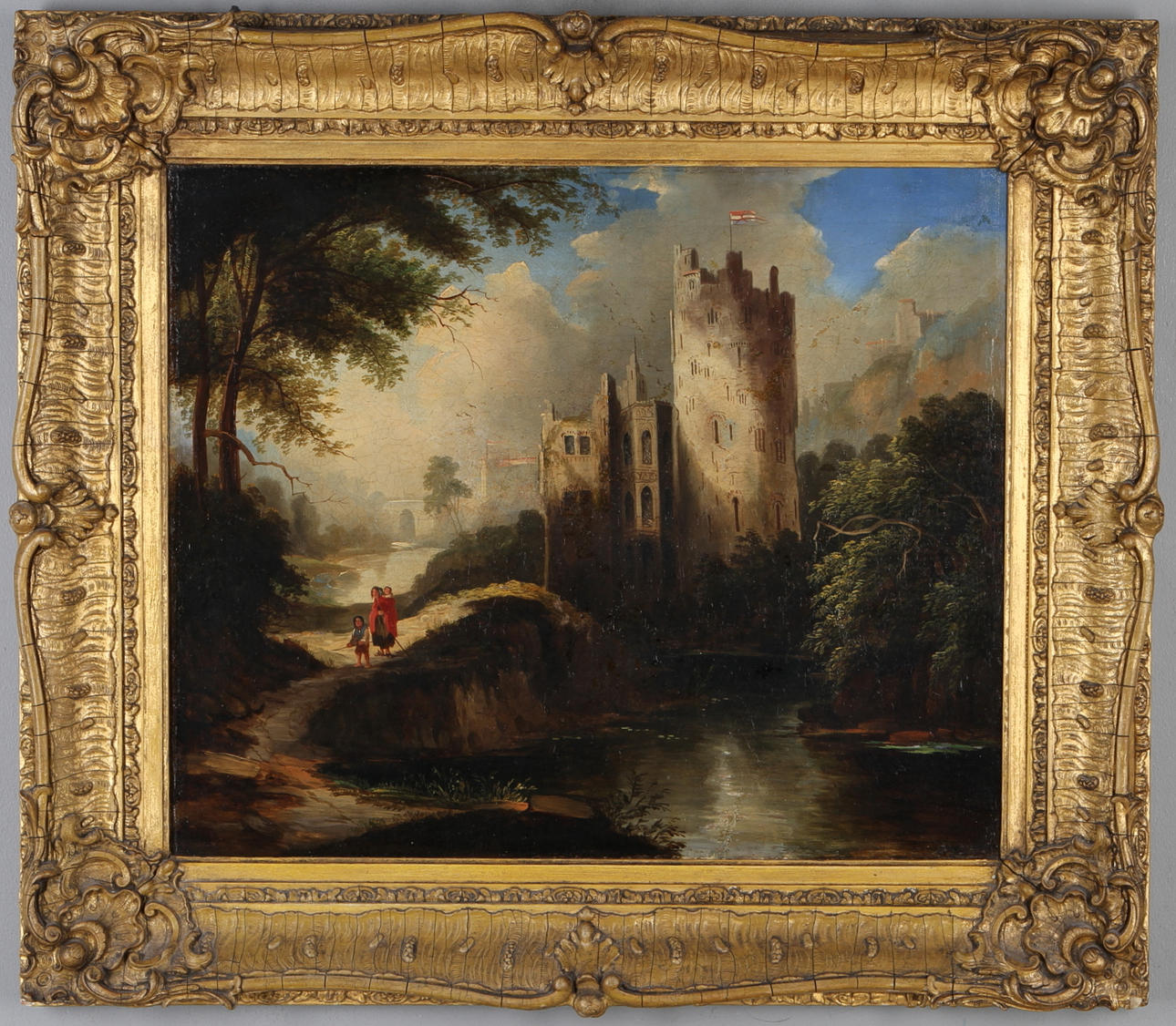 OKÄND KONSTNÄR. Flodlandskap med borg, olja på duk, 1800-tal.