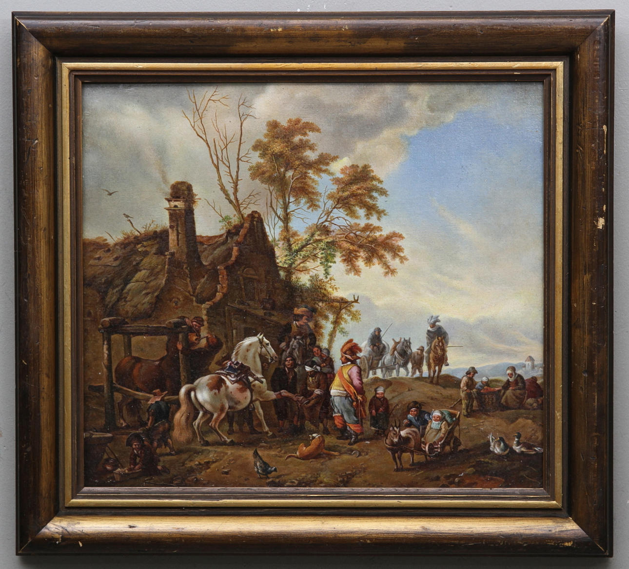 OKÄND KONSTNÄR. Bymotiv med folkliv och hästar. Holland 1800-tal. Olja på pannå, dubblerad. Osignerad.