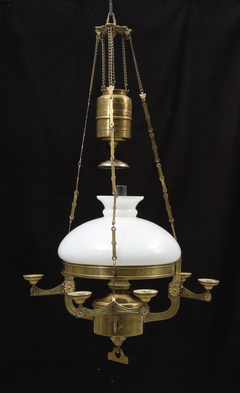 FOTOGENLAMPA, takmodell, jugend, tidigt 1900-tal. Total höjd med kedjor 100 cm.