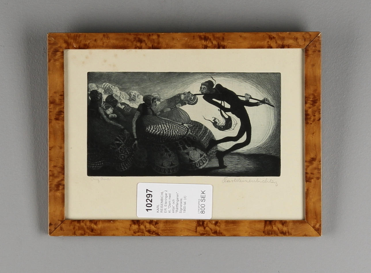 KARL REISENBICHLER. Etsningar 2 st, "Dam med slöja" och "Råttfångaren". Signerade, 1900-tal.