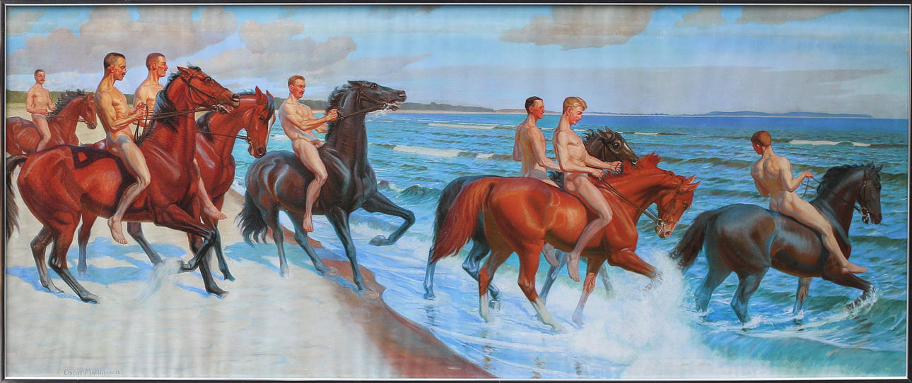 OSCAR MATTHIESEN. "Swedish Officers ride in Bad", color lithographic print, signed in the print.