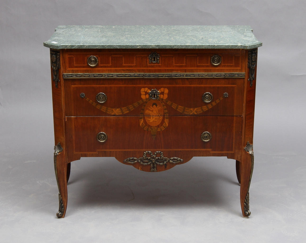 BYRÅ, med stenskiva, gustaviansk stil, 1900-tal, intarsia.