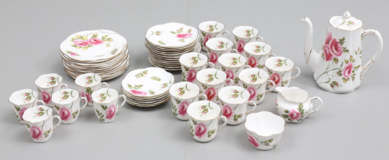 KAFFESERVIS, 51 delar, benporslin, "Rambler Rose", Shelley England.