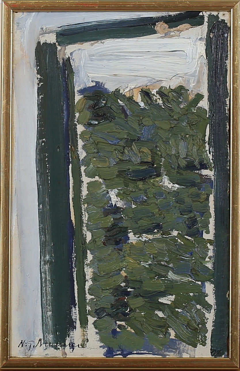 NILS-GÖRAN BRUNNER. Fönsterutsikt. Olja uppklistrad duk. Signerad N G Brunner.